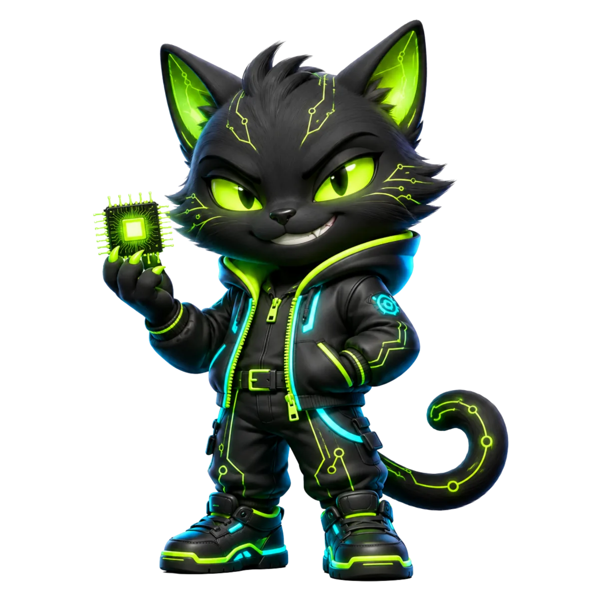 Waffle the Wafer Cat — a cat made of silicon wafers holding a glowing GPU